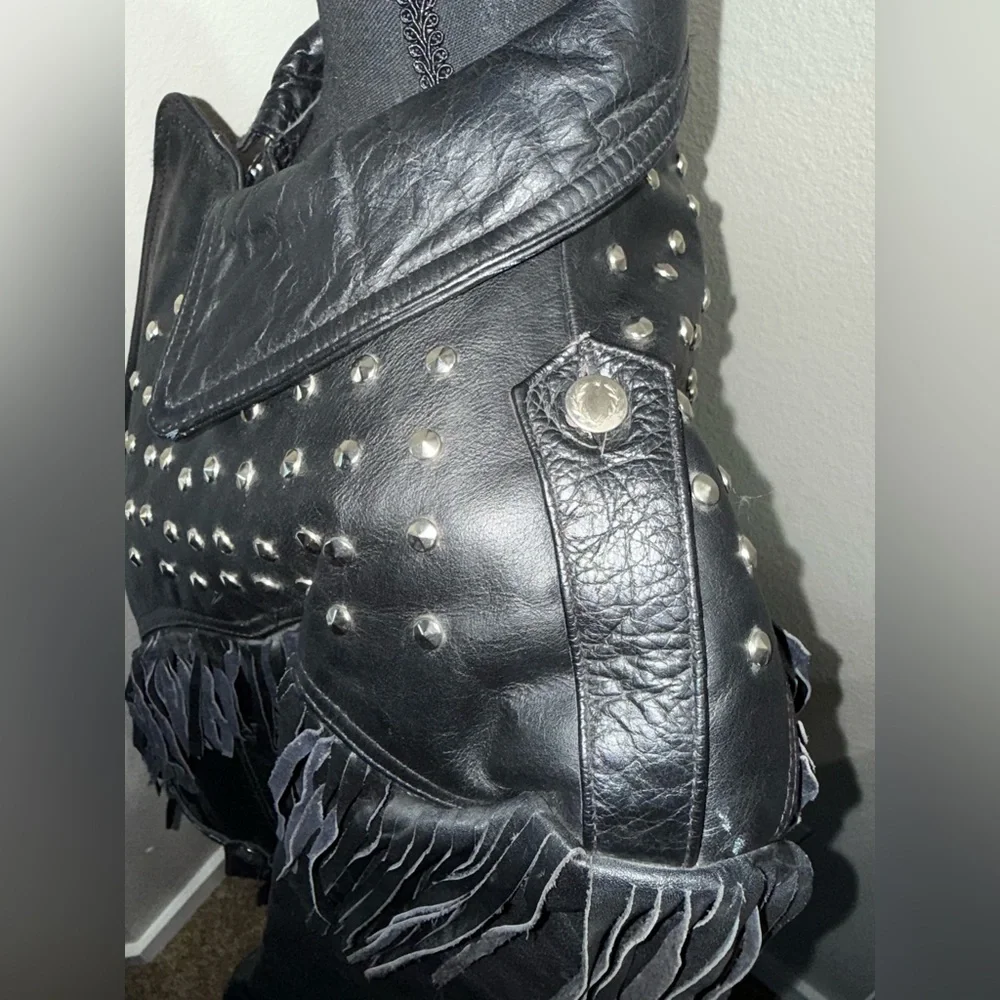 Vintage AMI London Fringe‎ Leather Jacket Studded Western Cowgirl Biker Rocker-L